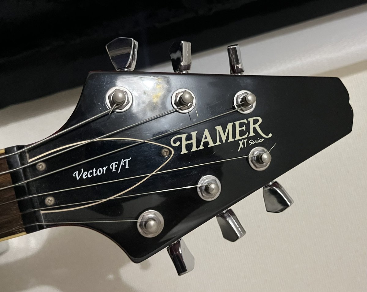 toyo_flyingV's tweet photo. MY NEWギターを導入！

数年前から気になっていた
HAMER VECTOR XT (ヘイマー ベクター)

ようはフライングVタイプなのだが、

こいつはとにかく分厚いボディとネックに、
ピックガードレスな点と、
スタイリッシュなインレイが特徴的だ！ https://t.co/1uPaptf1TL