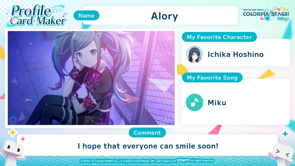 AloryHoyles's tweet photo. Check out the #COLORFULSTAGE profile card I made for the World Link Campaign🌎
Let's bring together COLORFUL STAGE! fans from around the world! Smile while you're at it!!!
https://t.co/gUrT9VIeNC
#SEKAIanniversary https://t.co/nr9ZN1AUgm