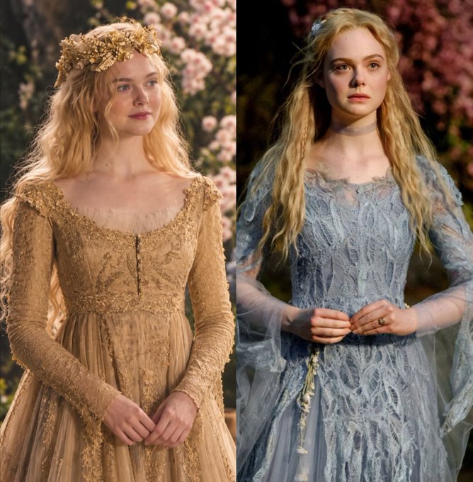 The image shows actress Elle Fanning in two contrasting looks: on the left, she is styled as Princess Aurora from the film Maleficent, wearing an ornate golden gown and floral crown, while on the right, she is pictured in real life wearing a flowing pale blue lace dress with her natural blonde hair styled loosely.