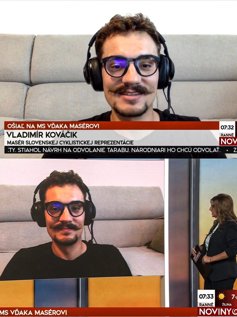 lucxsronald's tweet photo. Vladimír Kovačík this morning for Slovak TV JOJ:

“When they told me that I would be racing, I was just smiling, but the closer the race got, the more stressed I became. I couldn’t even open my phone or social media, because whenever I opened Instagram, my picture was everywhere, and I’m not really used to that.

When I stepped onto the podium, I was so stressed that I wasn’t even able to find my number where I was supposed to sign in. But after all the interviews and once the race started, it got better.

Our coach Jakub Vančo just told me to enjoy it, and I wanted to test myself and see how many kilometres I would be able to hold on. 

During the first 15–20 km, I tried to stay at the back, but in the meantime I even moved a little bit into the first third. I was happy that I managed to stay with the peloton at an average speed of 47 km/h until the circuits and that I was able to ride on the bridge.

Some of the biggest names of the pro cycling world even came to me during the race, shook my hand and told me some nice words. It was beautiful.

I only came home today, but tomorrow I’m going to the European Championships, this time really just as a masseur.”