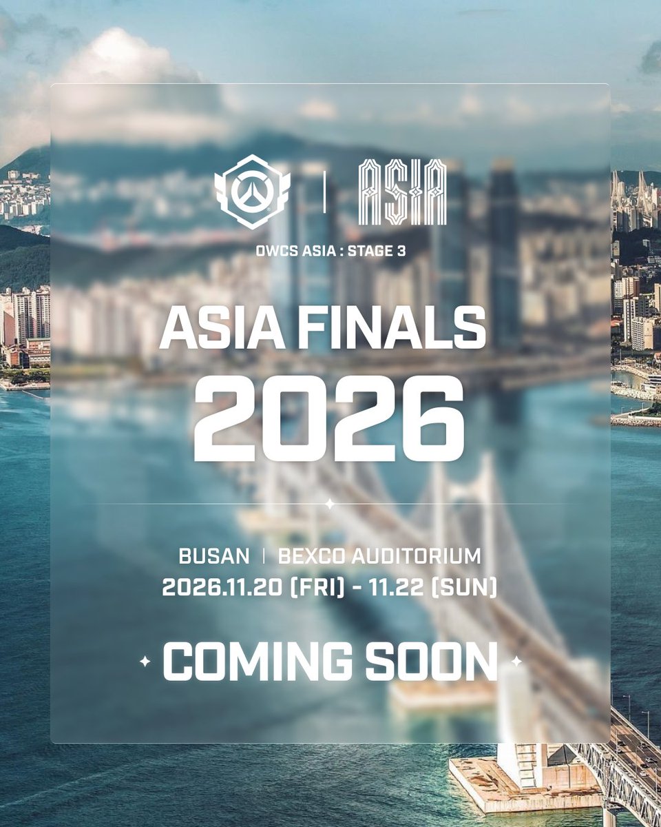 OW_Esports_Asia's tweet photo. 🏆 2026 OWCS ASIA : Stage 3 ASIA Finals

2026 OWCS ASIA : Stage 3 ASIA Finals가
지스타와 함께 벡스코 오디토리움에서 개최됩니다. 👏

📅 2026. 11. 20(FRI) – 11. 22(SUN)
📍 BUSAN | BEXCO AUDITORIUM

ASIA Finals 경기와 함께
지스타컵 학생대회 결승 및 다양한 부대 프로그램까지! 🎮

ASIA Finals와 지스타가 함께하는
특별한 3일을 기대해주세요! 👀

#OWCS #OWCSASIA