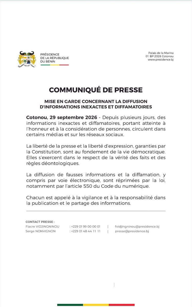 Is245's tweet photo. Bénin : La présidence de la République met en garde contre la diffusion d'informations inexactes et diffamatoires. 

© BOULEVARD DES INFOS https://t.co/AfGOGBsx26