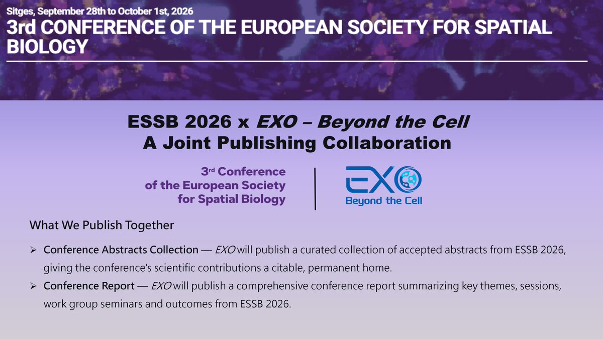 exo_btcell's tweet photo. 🎉 EXO – Beyond the Cell is pleased to partner with ESSB 2026
Through collaboration, the conference abstracts &amp; conference report will be published in EXO, providing an enduring platform for the dissemination of the meeting’s scientific contributions.
#ESSB2026 #Spatialbiology https://t.co/exENfkgWhd