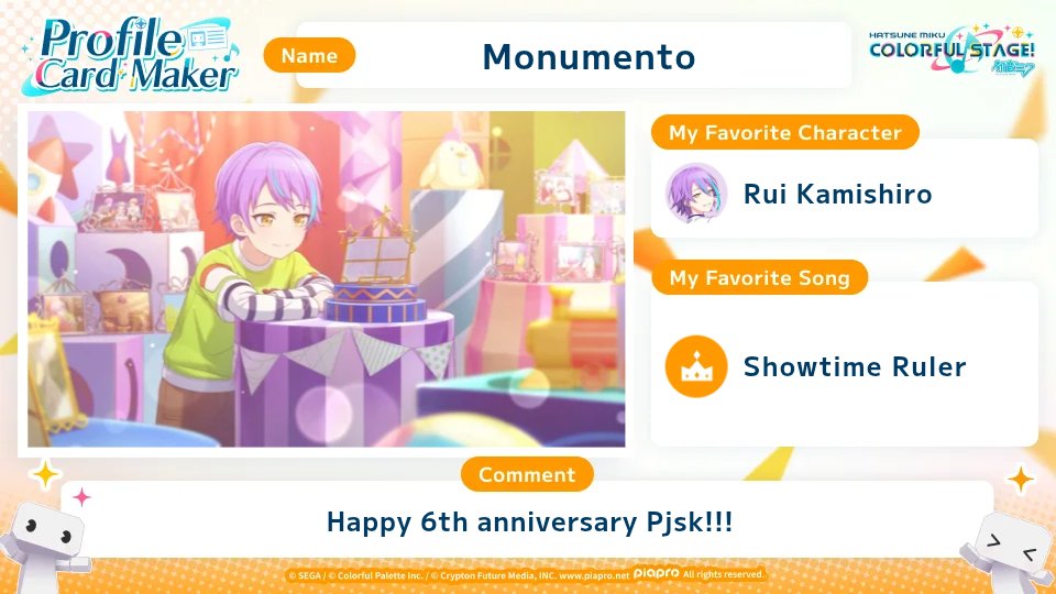 monumentoblvd's tweet photo. Happy 6th anniversary Pjsk!!! (Jp server) (rui pls come home to me)
Check out the #COLORFULSTAGE profile card I made for the World Link Campaign🌎
Let's bring together COLORFUL STAGE! fans from around the world!
https://t.co/EX72i86ZR2
#SEKAIanniversary https://t.co/cQUBbHTCiU