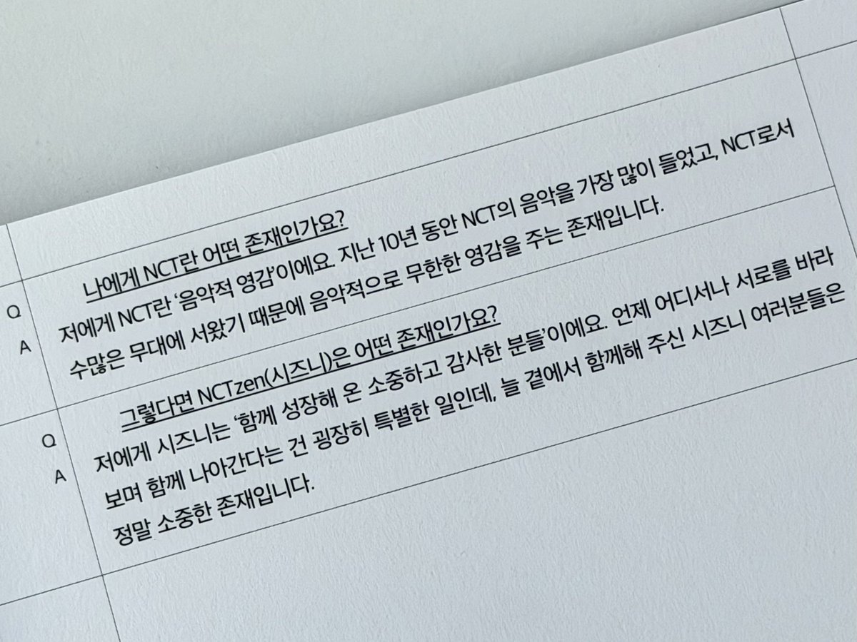 tyzip_'s tweet photo. NCT DIMENSION 인터뷰북 #태용 

Q. 나에게 NCT란 어떤 존재인가요?

A. 저에게 NCT란 '음악적 영감'이에요. 지난 10년 동안 NCT 음악을 가장 많이 들었고, NCT로서 수많은 무대에 서왔기 때문에 음악적으로 무한한 영감을 주는 존재입니다.

Q. 그렇다면 NCTzen(시즈니)은 어떤 존재인가요? 

A. 저에게 시즈니는 '함께 성장해 온 소중하고 감사한 분들'이에요. 언제 어디서나 서로를 바라보며 함께 나아간다는 건 굉장히 특별한 일인데, 늘 곁에서 함께해 주신 시즈니 여러분들은 정말 소중한 존재입니다.