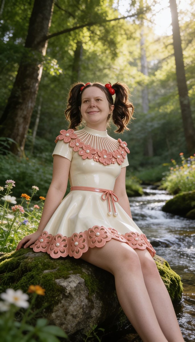 Lizzy1262629's tweet photo. Me in the cream PVC dress with pink flower appliqués and cherry buns — first on a mossy rock by the stream, then at the birthday table with cake and balloons.
Part 1
#FlowerPVC #CherryBuns #ForestStream #BirthdayShoot #SameDressTwoLooks #FetishFashion #NSFW #PearlDetails https://t.co/fJG3zwUCHJ
