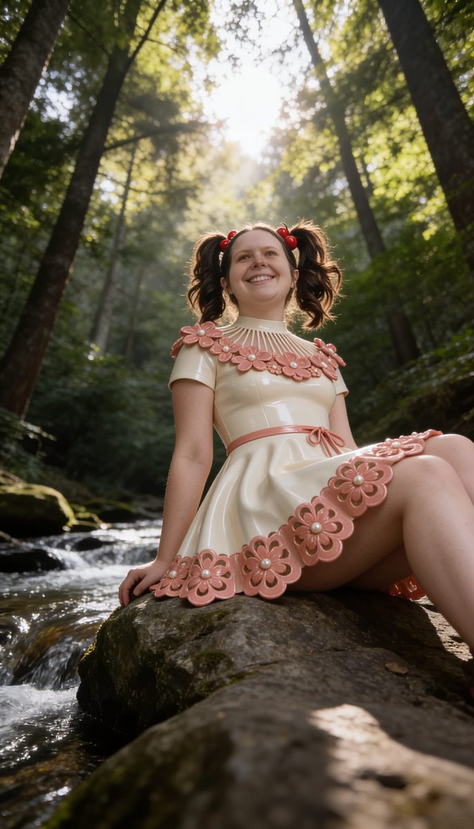 Lizzy1262629's tweet photo. Me in the cream PVC dress with pink flower appliqués and cherry buns — first on a mossy rock by the stream, then at the birthday table with cake and balloons.
Part 1
#FlowerPVC #CherryBuns #ForestStream #BirthdayShoot #SameDressTwoLooks #FetishFashion #NSFW #PearlDetails https://t.co/fJG3zwUCHJ