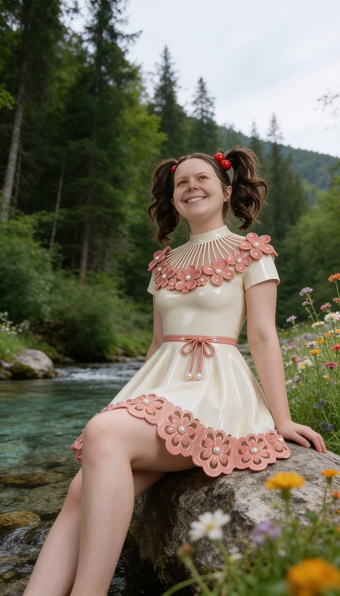 Lizzy1262629's tweet photo. Me in the cream PVC dress with pink flower appliqués and cherry buns — first on a mossy rock by the stream, then at the birthday table with cake and balloons.
Part 1
#FlowerPVC #CherryBuns #ForestStream #BirthdayShoot #SameDressTwoLooks #FetishFashion #NSFW #PearlDetails https://t.co/fJG3zwUCHJ