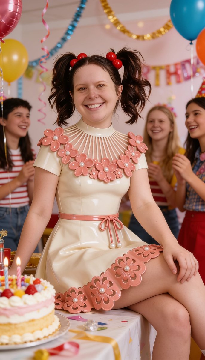 Lizzy1262629's tweet photo. Me in the cream PVC dress with pink flower appliqués and cherry buns — first on a mossy rock by the stream, then at the birthday table with cake and balloons.
Part 2
#FlowerPVC #CherryBuns #ForestStream #BirthdayShoot #SameDressTwoLooks #FetishFashion #NSFW #PearlDetails https://t.co/TMWRMiw2jG