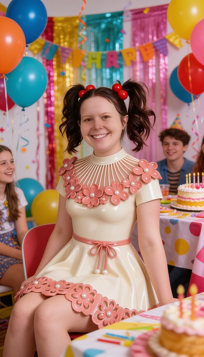 Lizzy1262629's tweet photo. Me in the cream PVC dress with pink flower appliqués and cherry buns — first on a mossy rock by the stream, then at the birthday table with cake and balloons.
Part 2
#FlowerPVC #CherryBuns #ForestStream #BirthdayShoot #SameDressTwoLooks #FetishFashion #NSFW #PearlDetails https://t.co/TMWRMiw2jG