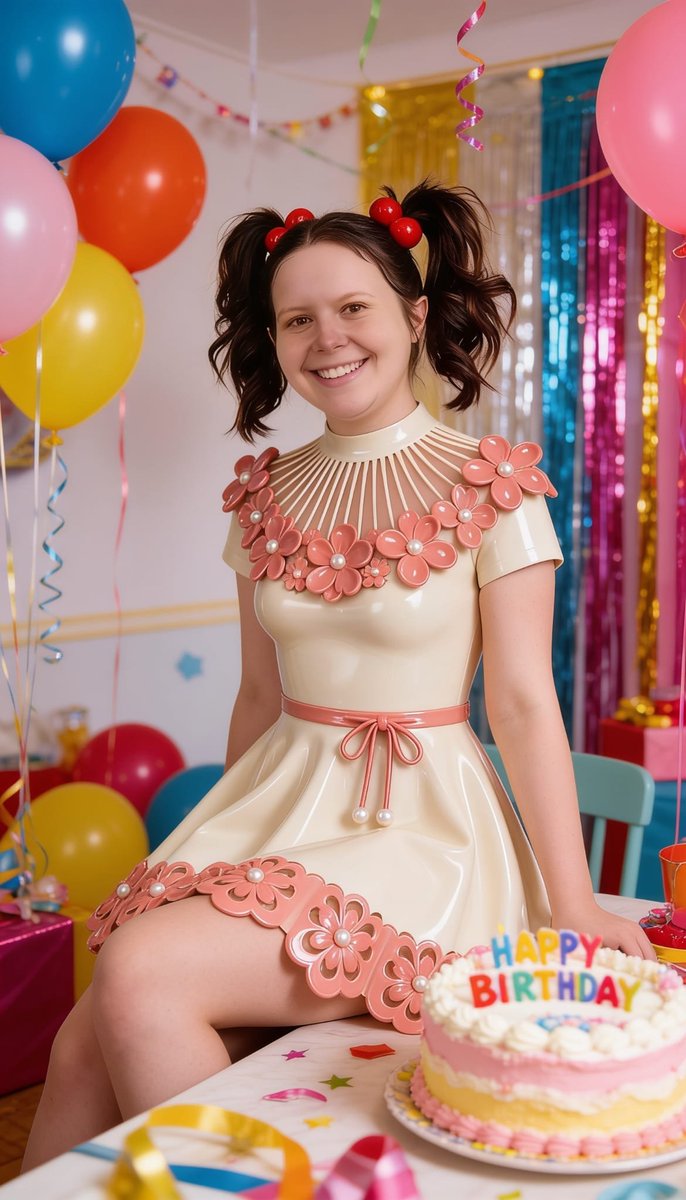 Lizzy1262629's tweet photo. Me in the cream PVC dress with pink flower appliqués and cherry buns — first on a mossy rock by the stream, then at the birthday table with cake and balloons.
Part 2
#FlowerPVC #CherryBuns #ForestStream #BirthdayShoot #SameDressTwoLooks #FetishFashion #NSFW #PearlDetails https://t.co/TMWRMiw2jG