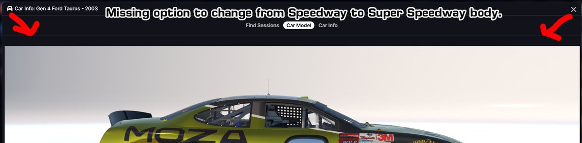 GaryGreenlee5's tweet photo. @iRacingSupport @iRacingMyers @iRacing @iRacingSupport As Jason Mullins said in the report a bog forum, it seems to be affecting cars that have different body styles on the same car. We also lost the ability to chose a car body style. Like the 2003 Ford Taurus doesn't give option to change body style. https://t.co/efITpj5Syc
