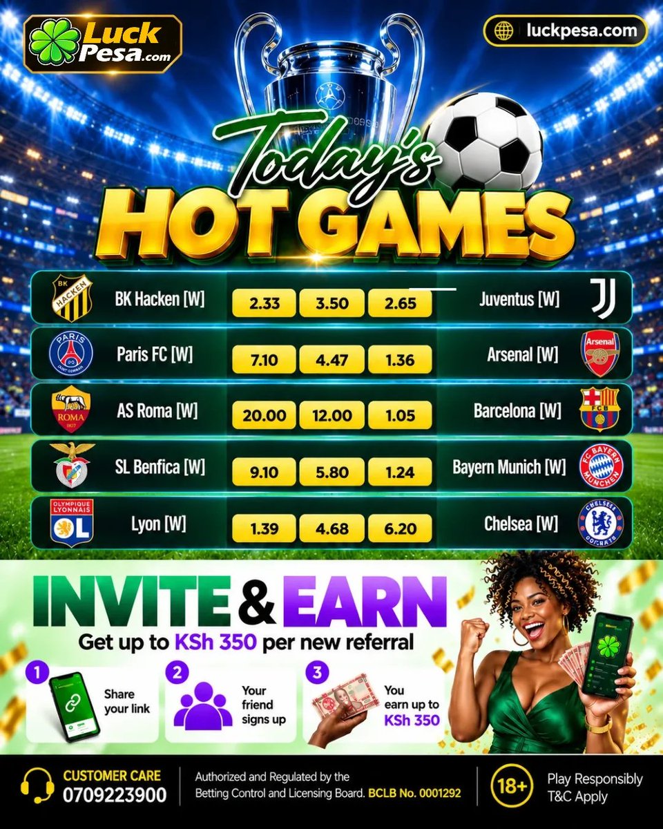 luckpesaofys's tweet photo. Womens champions league top our today's Hot Games chat. visit https://t.co/W4OnoohJGZ and select your favorite sport or casino game for a chance to win big. https://t.co/Tb0LJ4NT5a