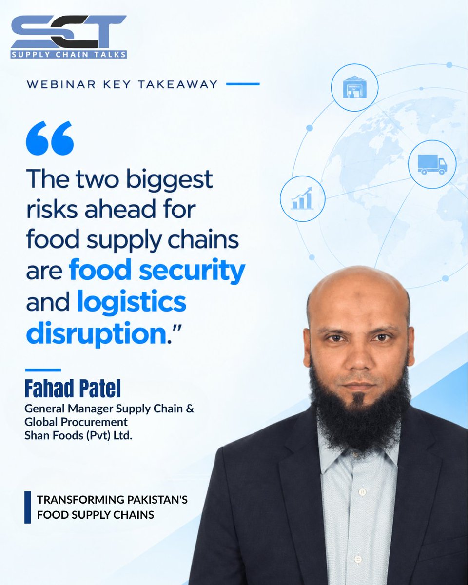 supplychaintal4's tweet photo. 𝗙𝗼𝗼𝗱 𝘀𝘂𝗽𝗽𝗹𝘆 𝗰𝗵𝗮𝗶𝗻𝘀 face a double challenge: global disruption and local pressures.

Fahad Patel, General Manager, Supply Chain &amp; Global Procurement, Shan Foods, shares his insight from our Supply Chain Talks webinar.

#SupplyChain #SCT https://t.co/aFP32df99I