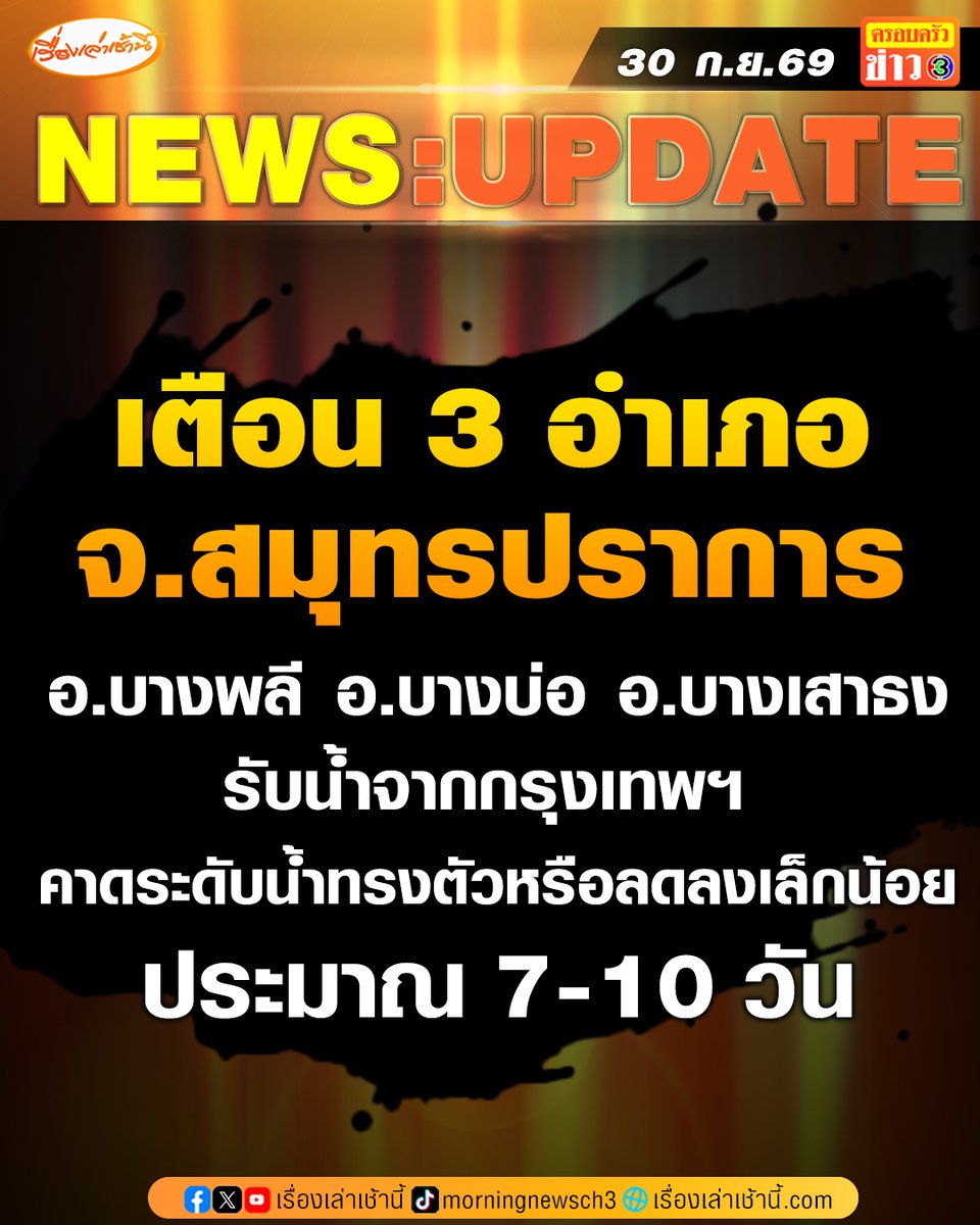 MorningNewsTV3's tweet photo. กรมป้องกันและบรรเทาสาธารณภัย (ปภ.) ส่ง Cell Broadcast แจ้งเตือนประชาชน ด้วยมีการระบายน้ำบางส่วนจากพื้นที่ด้านตะวันออกของ กทม. เพื่อลงทะเลที่ จ.สมุทรปราการ ทำให้สถานการณ์น้ำท่วมในพื้นที่ อ.บางพลี อ.บางบ่อ อ.บางเสาธง จ.สมุทรปราการ จะยังทรงตัวหรือลดลงเล็กน้อย ประมาณ 7-10 วัน ขอให้ประชาชนระวังอันตรายจากน้ำท่วมและไฟฟ้าช็อต เคลื่อนย้ายผู้เปราะบางไปยังที่ปลอดภัย หากต้องการความช่วยเหลือให้แจ้งองค์กรปกครองส่วนท้องถิ่นและกำนันผู้ใหญ่บ้านในพื้นที่

#เรื่องเล่าเช้านี้ #ครอบครัวข่าว3 #น้ำท่วม #สมุทรปราการ