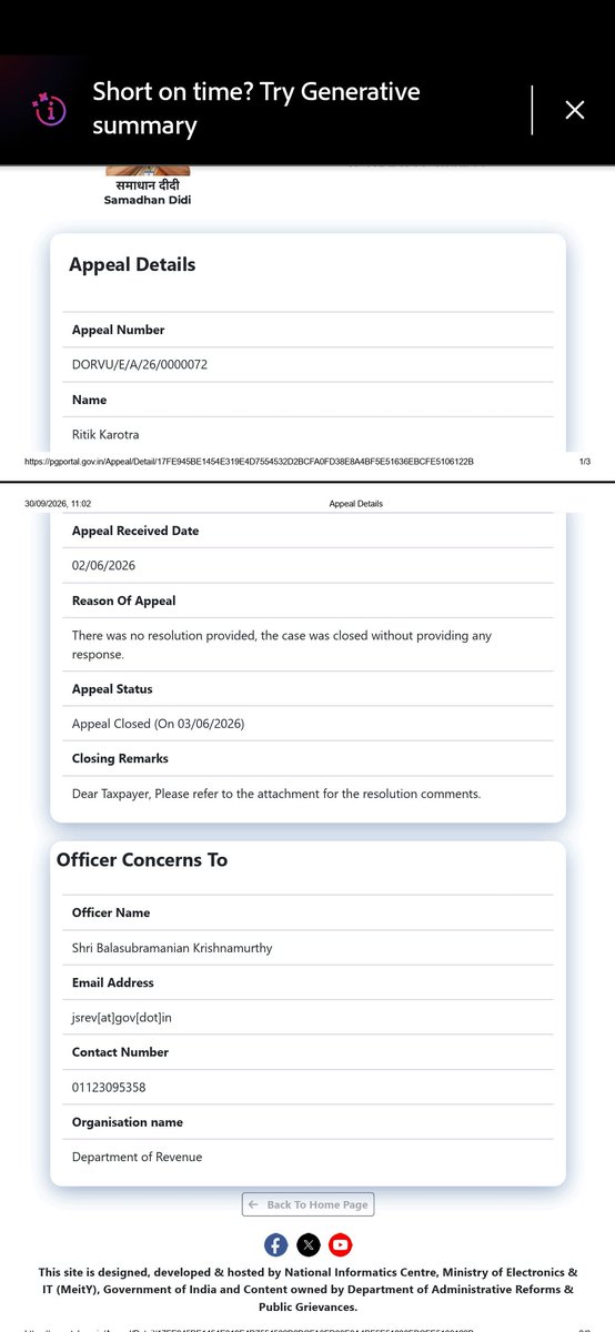 RitikKarotra2's tweet photo. Two CPGRAMS appeals to the Department of Revenue were closed with the same remark: “Please refer to the attached document for the resolution” but no attachment is available.

Officer: Shri Balasubramanian Krishnamurthy.

@nsitharaman @FinMinIndia @darpg_goi https://t.co/lRhNdWuGTx