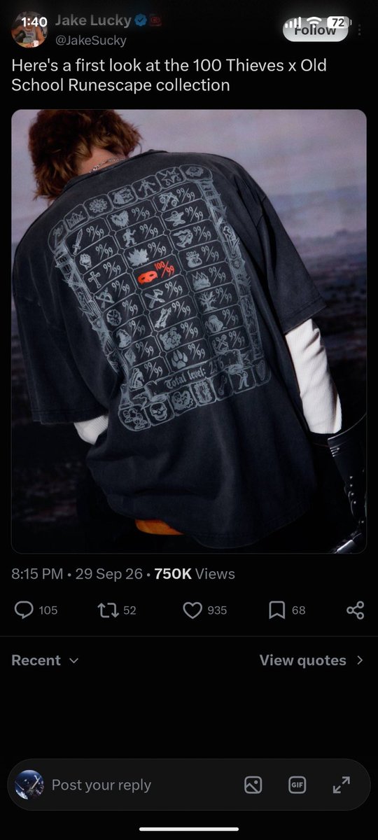 Lainezor's tweet photo. Both 100 thieves and Jake Lucky dirty deleted their posts after they got called out for using AI in their Old School RuneScape account but I managed to catch the screenshots first 😁😁 https://t.co/piFFe2bLb4