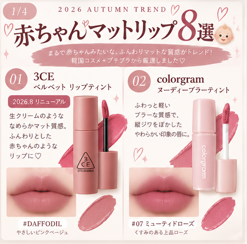 HyDilw's tweet photo. 2026秋は “赤ちゃんマット” が気になる👶🏻💄🤍

ふわっとぼかしたような、やわら���いマット質感のリップを韓国コスメ＋プチプラから8つまとめました🎀
マットなのに重たく見えない感じが可愛すぎる、、🥹

秋リップ探してる人の参考になれば💭
#韓国コスメ #プチプラコスメ #秋コスメ #新作コスメ https://t.co/0ecc7RNybO