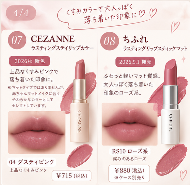 HyDilw's tweet photo. 2026秋は “赤ちゃんマット” が気になる👶🏻💄🤍

ふわっとぼかしたような、やわら���いマット質感のリップを韓国コスメ＋プチプラから8つまとめました🎀
マットなのに重たく見えない感じが可愛すぎる、、🥹

秋リップ探してる人の参考になれば💭
#韓国コスメ #プチプラコスメ #秋コスメ #新作コスメ https://t.co/0ecc7RNybO