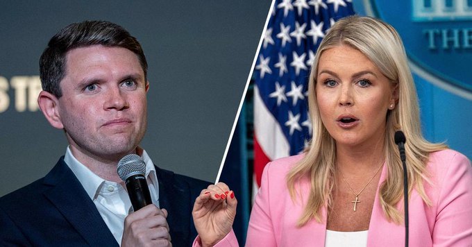A split image shows James Talarico on the left speaking into a microphone at what appears to be a debate or press event, and Karoline Leavitt on the right at a White House podium with the presidential seal visible behind her. The image accompanies a story about Leavitt being mocked for a geometric error in her criticism of Talarico.