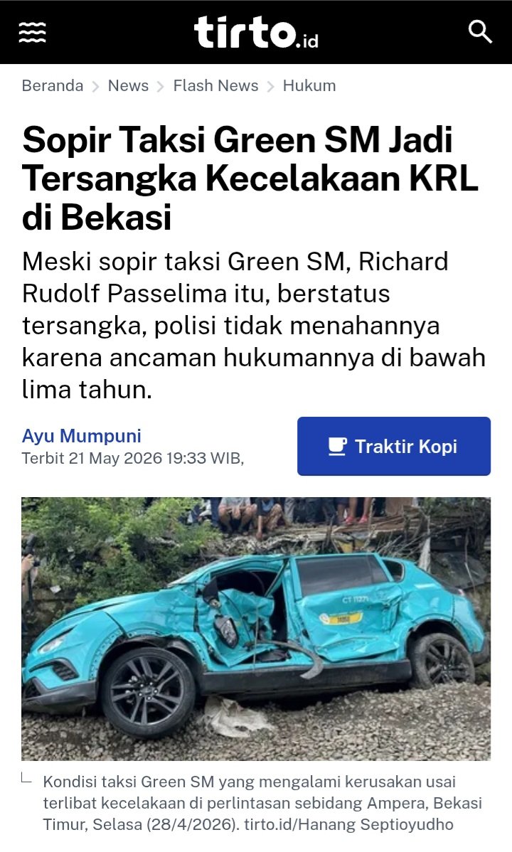 uniquebend's tweet photo. buat yg belum tau, sopir taksi ijo yang memicu kecelakaan Bekasi Timur juga udah ditetapkan tersangka sejak 21 Mei

tapi dia jadi tersangka kasus KRL tertemper taksi, bukan kasus KA Argo Bromo Anggrek nabrak KRL

meskipun berhubungan, 2 kasus itu dinyatakan terpisah oleh polisi https://t.co/WuHdqpWlmz