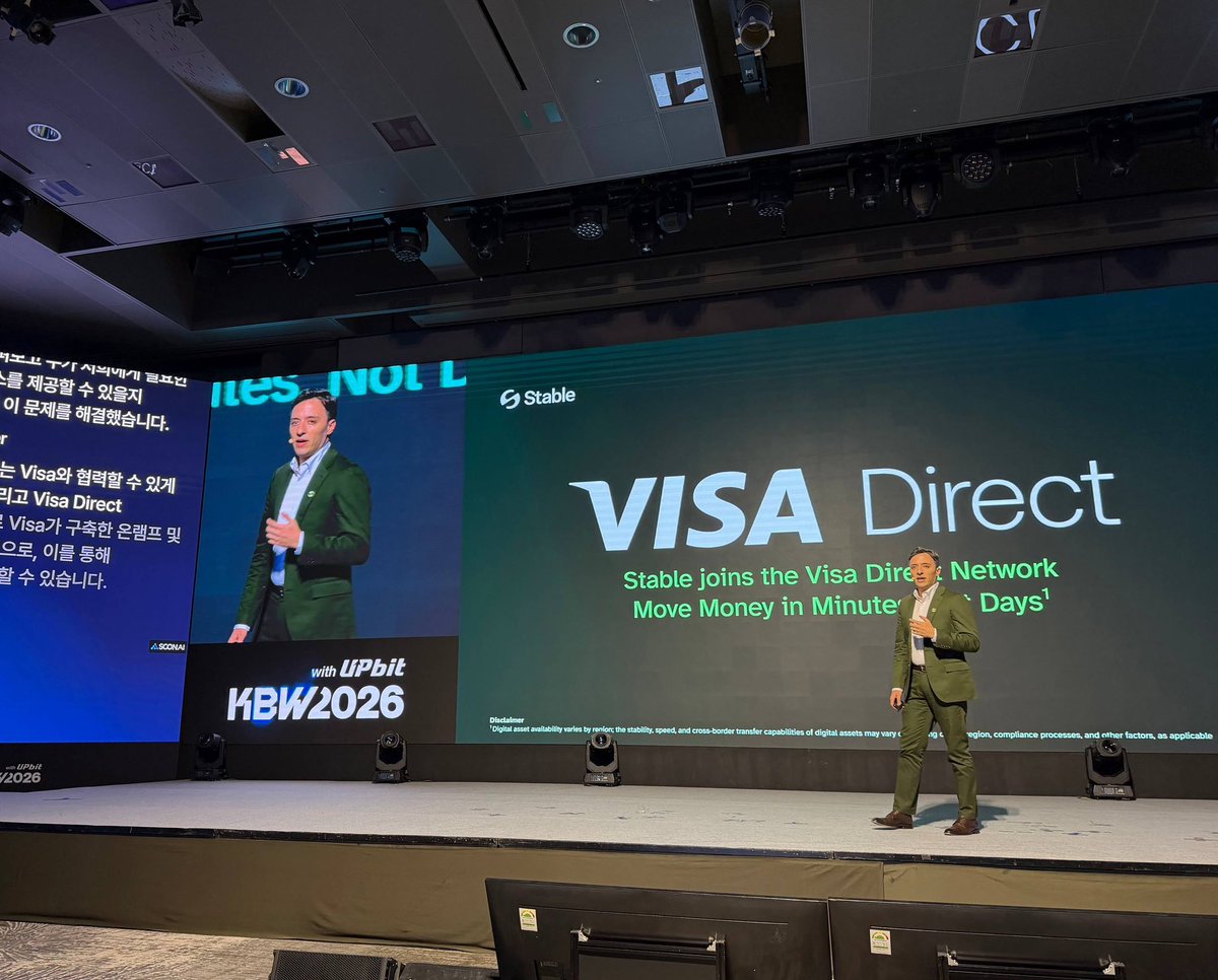 StableChainHub's tweet photo. Big day for Stable at #KBW2026. 🇰🇷  

Our CEO @mehler took the stage to share where Stable is headed, and dropped a few major announcements along the way. 👀  

PYUSD coming to Stable. Visa Direct integration. And more to come.

Stay tuned! https://t.co/4W5bSui7Xb