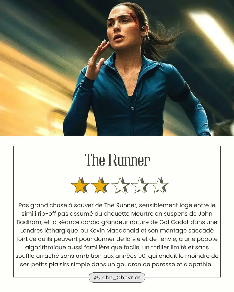 CRIKI_1's tweet photo. Photo shared by Fucking Cinephiles on September 02, 2026, tagging @primevideofr and @john_chevrier. May be an image of text that says: “The Runner: little to save here—a lazy, uninspired ’90s-style thriller with choppy editing and few genuine https://t.co/qtt2QEMQB9