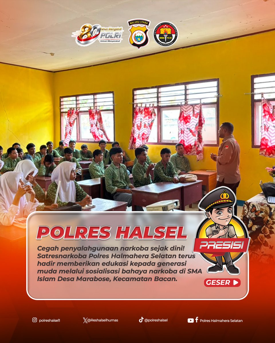 Reshalselhumas's tweet photo. Cegah penyalahgunaan narkoba sejak dini! 🚫💊 Satresnarkoba Polres Halmahera Selatan terus hadir memberikan edukasi kepada generasi muda melalui sosialisasi bahaya narkoba di SMA Islam Desa Marabose, Kecamatan Bacan. https://t.co/Njlf01etfu