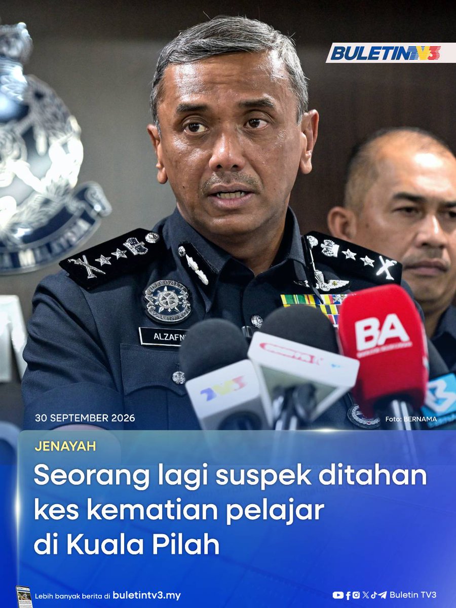 BuletinTV3's tweet photo. JENAYAH | Polis menahan seorang lagi pelajar lelaki berusia 16 tahun, menjadikan dua suspek ditahan setakat ini bagi membantu siasatan kes kematian pelajar Tingkatan Dua di Kuala Pilah, Jumaat lalu.

#BuletinTV3 #Jenayah #KualaPilah #Pelajar #Maut

Berita penuh di https://t.co/ggPkXGzxa2