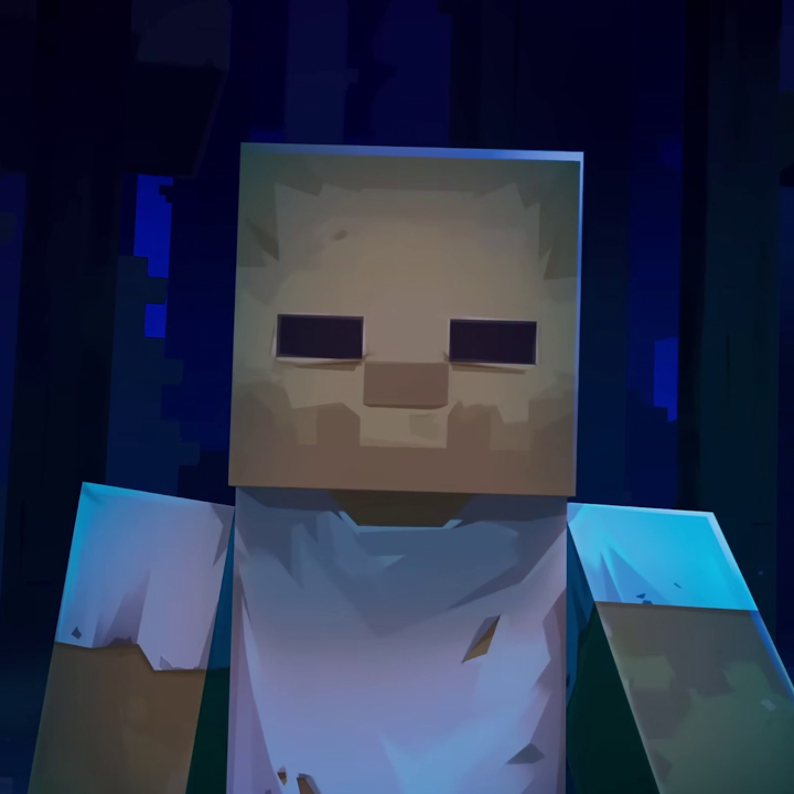 A 3D rendered character with a blocky, pixelated skull-like head and a blue-tinted body, set against a dark blue background.