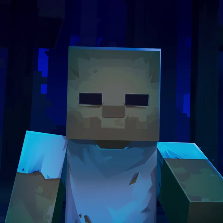Caption: A blocky, Minecraft-style skeleton character with a skull head and blue-tinted body stands in a dark blue forest setting.