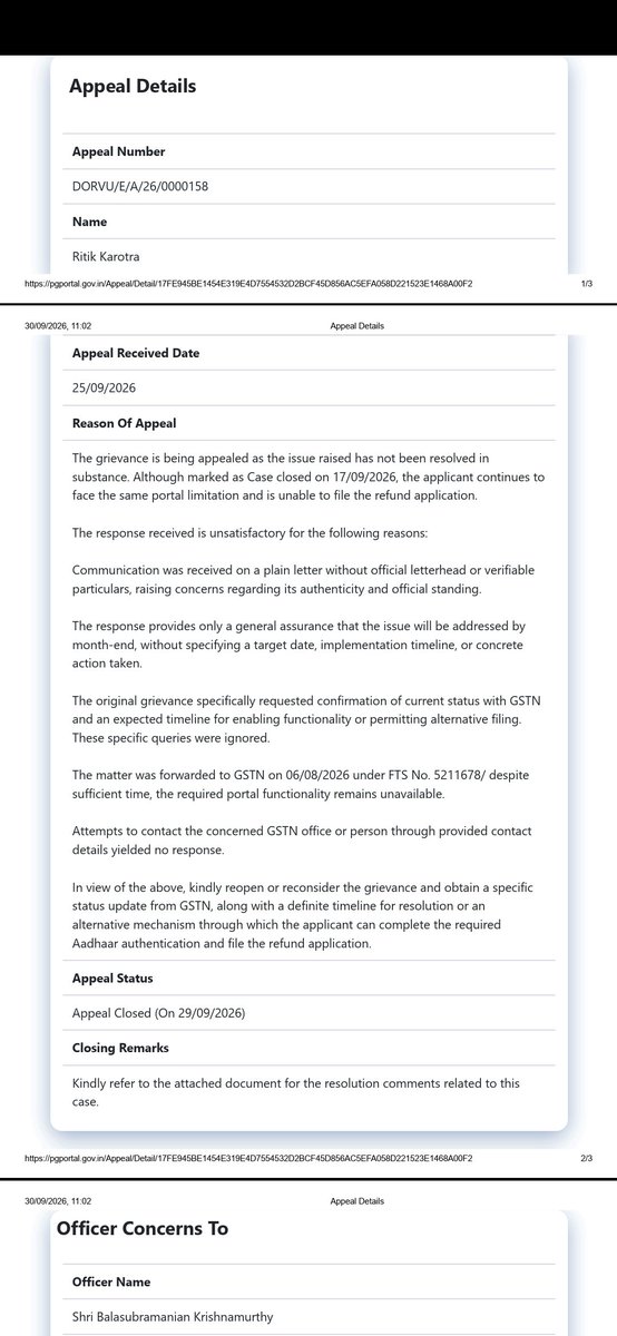 RitikKarotra2's tweet photo. Two CPGRAMS appeals to the Department of Revenue were closed with the same remark: “Please refer to the attached document for the resolution” but no attachment is available.

Officer: Shri Balasubramanian Krishnamurthy.

@nsitharaman @FinMinIndia @darpg_goi https://t.co/lRhNdWuGTx