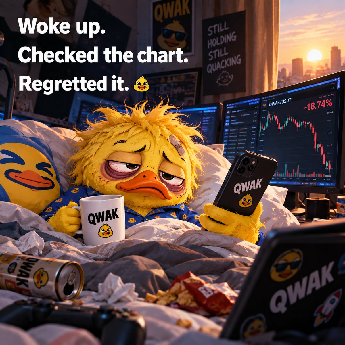 QWAKmeme's tweet photo. New day.

Same QWAK. 🦆

Still broke.
Still watching.
Still quacking.

#QWAK #WokeUpRekt #RedCandle #MemeTrader #StillHere https://t.co/1izyrLpI1Y