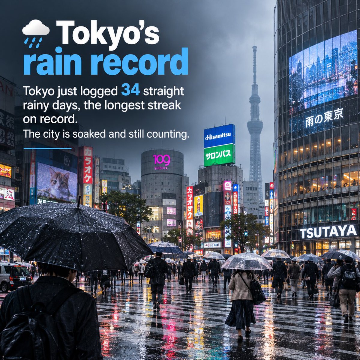 jbujor98's tweet photo. Tokyo’s rain record
Tokyo just logged 34 straight rainy days, the longest streak on record. The city is soaked and still counting. ☔️ 🌧️
#RainRecord #Weather #Climate https://t.co/c3oacqHIya