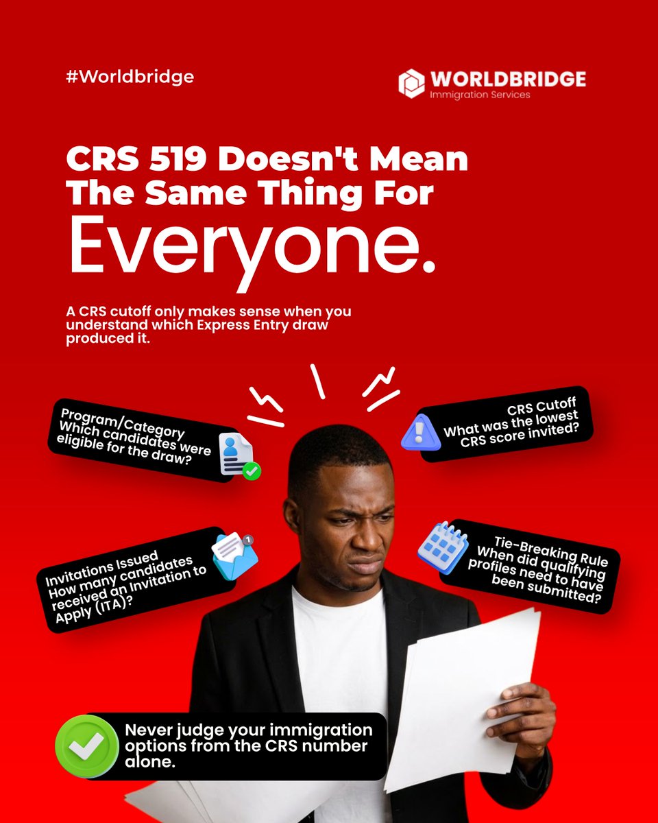 worldbridgehq's tweet photo. Seeing “CRS 519” online only tells part of the story.

A CEC draw, PNP draw, and category-based draw target different groups of candidates, so their CRS cutoffs should not automatically be compared as though everyone is competing in the same pool.

📌 The better question is not simply, “What CRS score do I need?”

It is: “Which Express Entry draws am I eligible for?”

Worldbridge can help you assess your profile and understand the pathways that may apply to your circumstances.

✅️ Not sure which Express Entry pathway fits your profile? 

➠➠➠ Book Your Consultation Today: https://t.co/B5AwuuTeDU

🌐 https://t.co/u3hN1M38LN
📩 info@theworldbridge.ca
📞 +1-416-727-7766

#canadaimmigration #expressentry #crs #canadapermanentresidence #immigrationcanada
