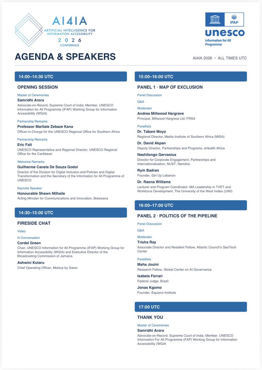 TabaniMoyo's tweet photo. On behalf @MISARegional It was a pleasure joining the panel for  #AI4IA 2026 Global Conference: The Map of Exclusion @UNESCO 
Key point: connected ≠ active. AI trained on narrow data risks automating exclusion, not fixing it.
Full remarks: https://t.co/SYMO4YjssT https://t.co/8dSQew6Zjl