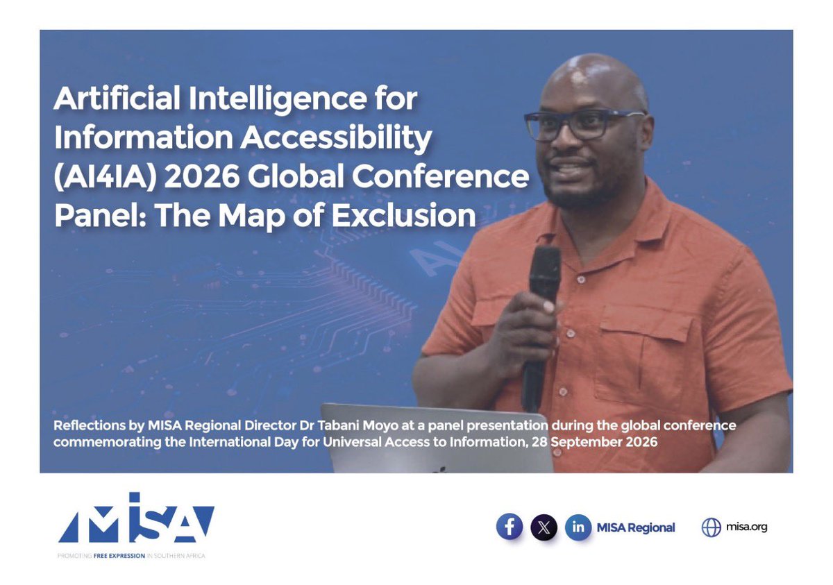 TabaniMoyo's tweet photo. On behalf @MISARegional It was a pleasure joining the panel for  #AI4IA 2026 Global Conference: The Map of Exclusion @UNESCO 
Key point: connected ≠ active. AI trained on narrow data risks automating exclusion, not fixing it.
Full remarks: https://t.co/SYMO4YjssT https://t.co/8dSQew6Zjl