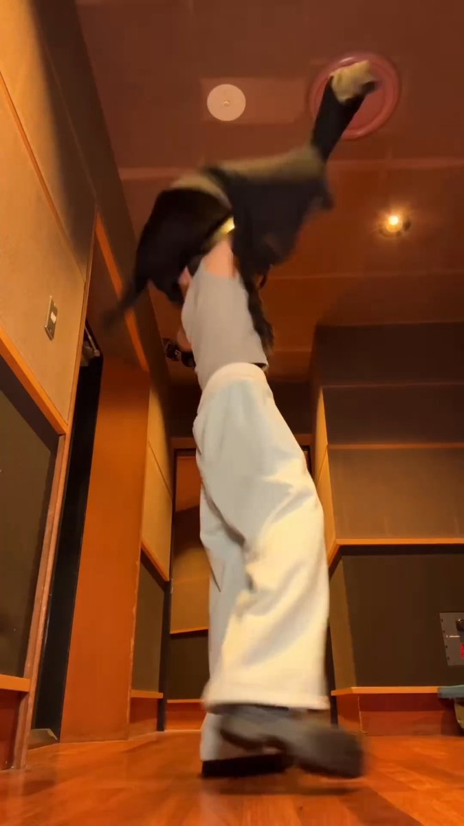 A low-angle shot of a person doing a handstand in a wood-paneled room, with a black dog appearing to climb on or interact with them near the ceiling.