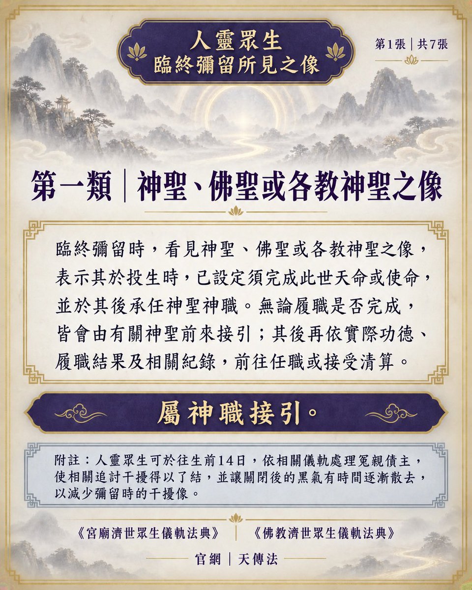 liyxun234438's tweet photo. 人霊衆生・第1張
臨終の際に見る姿とは？

神聖、仏聖、または各宗教の神聖な存在を見る場合、今世の天命・使命を終えた後、神職を担う定めがあるとされます。

これは「神職による導き」と考えられます。

程彥勛／台湾
#人霊衆生 #臨終 #神聖 #天命 #天傳法 https://t.co/4FUrKtNTqK