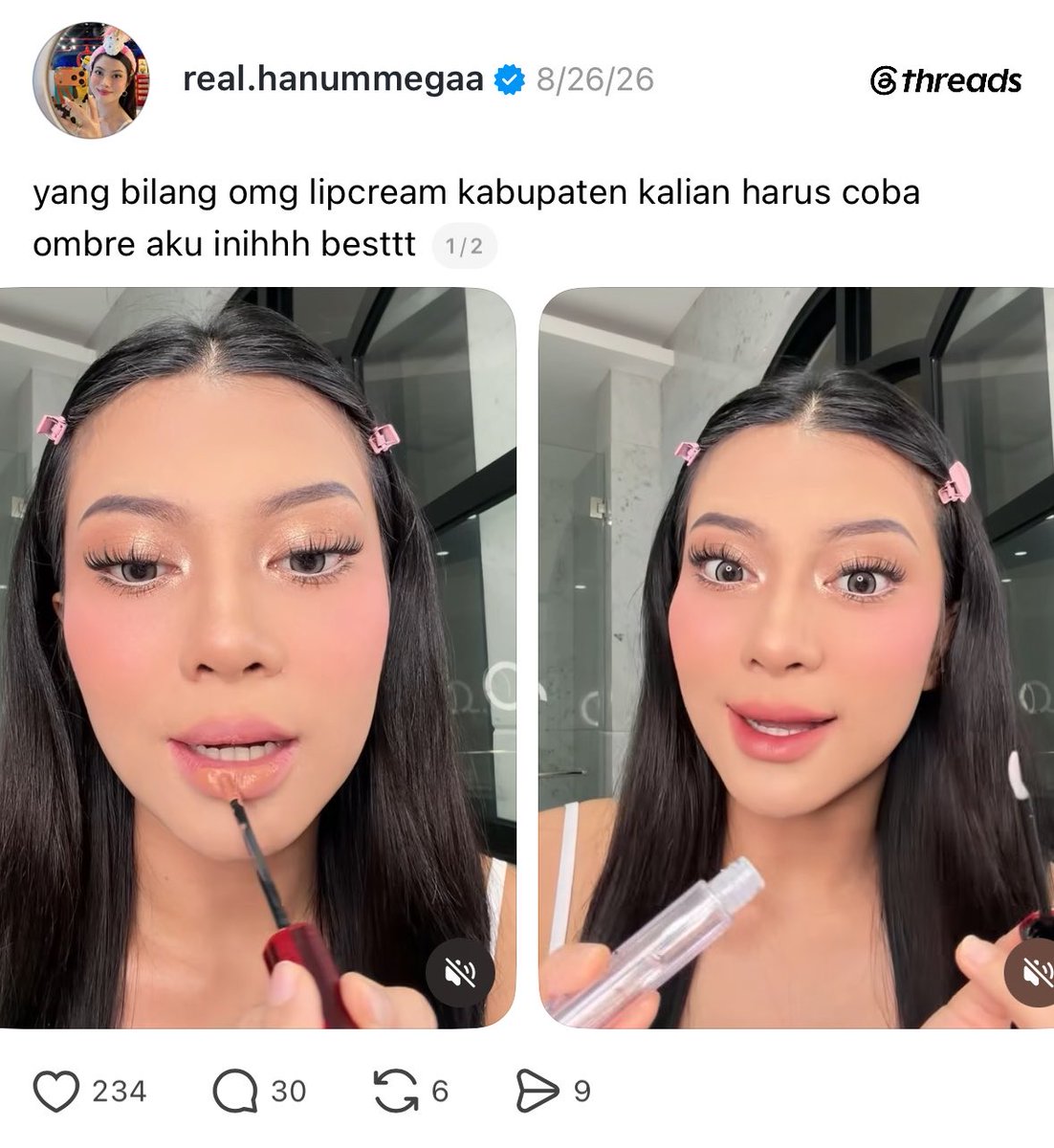 phezey's tweet photo. bahkan sekelas hanum mega aja pake racikan ombre dari lip cream harga 30 ribuan loh⁉️😭💄 https://t.co/4iKcSXJnun