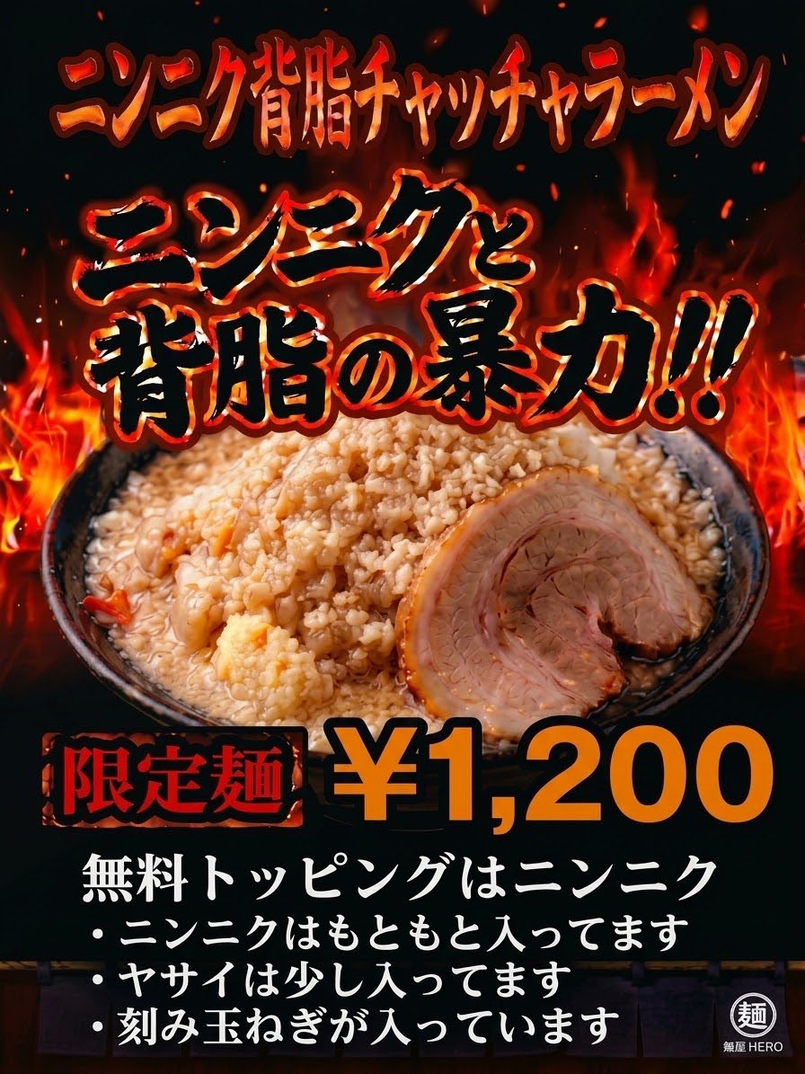 MENYA_HERO's tweet photo. 10月の予定です
10/12(祝)10時〜16時で営業予定です
限定やるかもです(未定)
限定麺は『ニンニク背脂チャッチャラーメン』です
ニンニクはもともと入ってます!
追いニンニクしたい方は『ニンニク』
それ以外の方は『そのまま』でお願いします
下頭橋ラーメンを二郎風にオマージュした感じです
赤い印のついた箸とか渡したい笑
冷やし油そばは今期は終了します