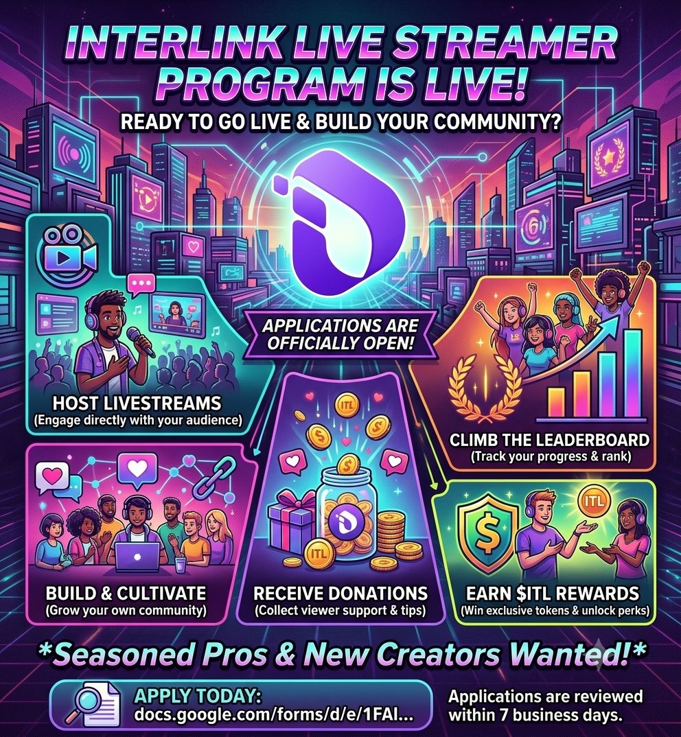 paseli51572's tweet photo. 🎙 INTERLINK LIVE STREAMER PROGRAM IS LIVE!
​Ready to grow your audience and earn $ITL rewards? Applications are officially OPEN for the InterLink Live Streamer Program!
​Here’s what’s in store for creators:
🎥 Stream live and engage directly with your fans
💬 Build and cultivate your own community
💜 Collect donations and support from viewers
🏆 Rank on the Top Streamer Leaderboard
💰 Win exclusive $ITL rewards and unlock future perks
​Whether you’re a seasoned pro or just getting started, we want you on board.
​📝 Apply today: https://t.co/vfXrgAczYg…
​Applications are reviewed within 7 business days.
​#InterLink #ITL #ITLG #LiveStreaming #CryptoCreators
​Option 2: Professional & Structured (Best for LinkedIn, Discord, or Telegram)
​🎙 Apply Now: InterLink Live Streamer Program
​We are excited to launch the InterLink Live Streamer Program—a new initiative designed to help creators connect, grow, and earn through live content.
​Why Join?
​Host & Engage: Connect with the InterLink audience in real-time.
​Earn Rewards: Receive viewer donations and compete for exclusive $ITL rewards.
​Climb the Ranks: Track your progress on the Top Streamer Leaderboard.
​Grow Your Brand: Access exclusive perks and opportunities as the program expands.
​How to Apply:
Fill out the application form with details about your streaming experience, content style, and channels:
👉 https://t.co/vfXrgAczYg…
​Our team will review submissions and contact selected creators within 7 business days.
​Option 3: Short & Direct (Best for quick updates or push notifications)
​🚨 Applications Open: InterLink Live Streamer Program!
​Stream live, build your community, and earn exclusive $ITL rewards. Whether you're a seasoned streamer or a rising creator, we want to feature you on InterLink.
​💰 Earn $ITL rewards & viewer donations
🏆 Climb the streamer leaderboard
✨ Unlock exclusive creator perks
​📝 Apply now: https://t.co/vfXrgAczYg…
(Applications reviewed within 7 business days)
@kv_interlink 
@reina_itl 
@MaheshMagnus1 
@inter_link 
@interlinklabsas 
#interlink #itlg #itl