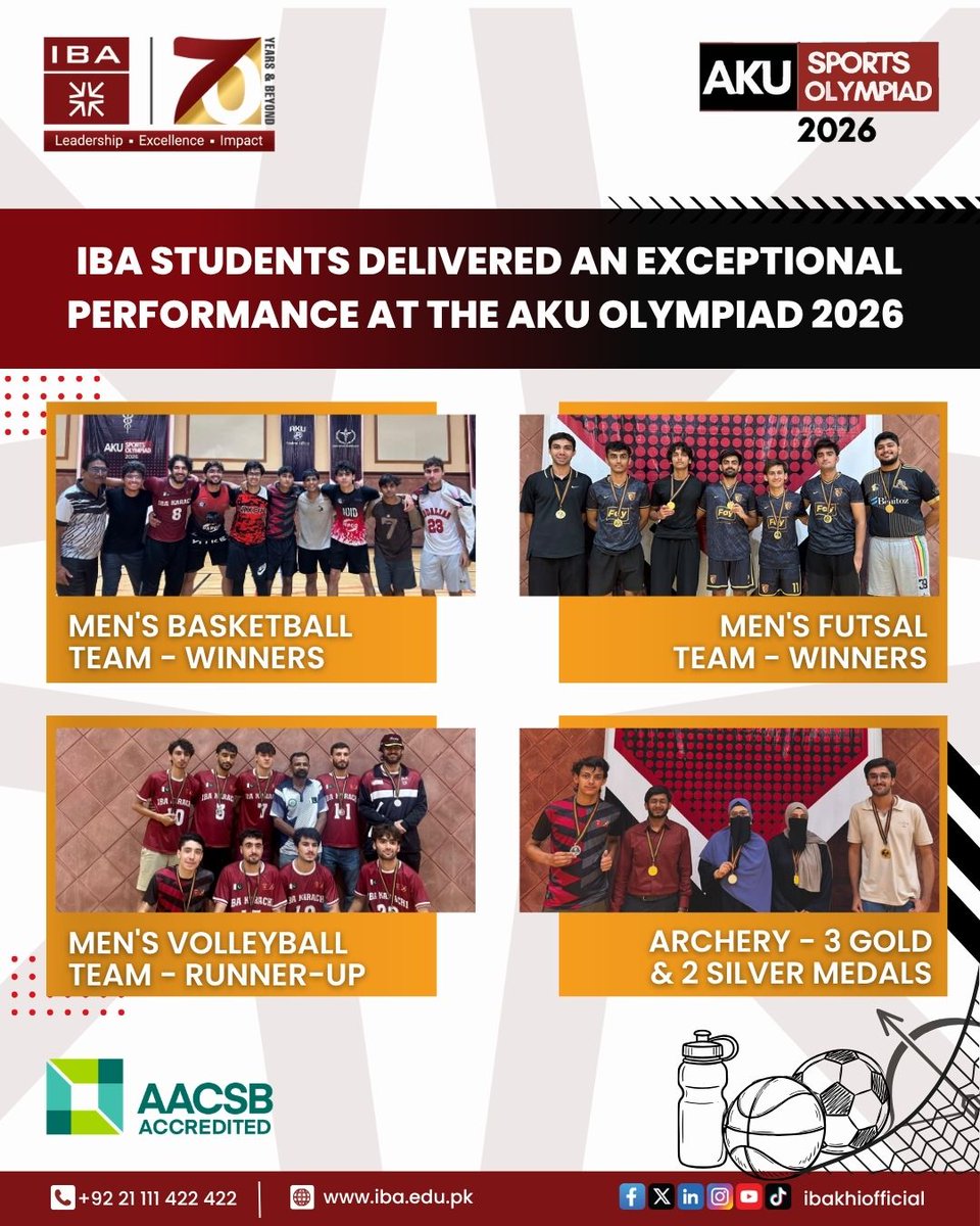ibakhiofficial's tweet photo. A Winning Display of Excellence

From the court to the field and the archery range, IBA students delivered an excellent performance at the AKU Sports Olympiad 2026. Their dedication and team spirit earned IBA top honours across multiple categories.

A proud moment for our athletes and the IBA community!

#IBAKarachi #AKUSportsOlympiad2026 #IBASports #Leadership #Excellence #Impact