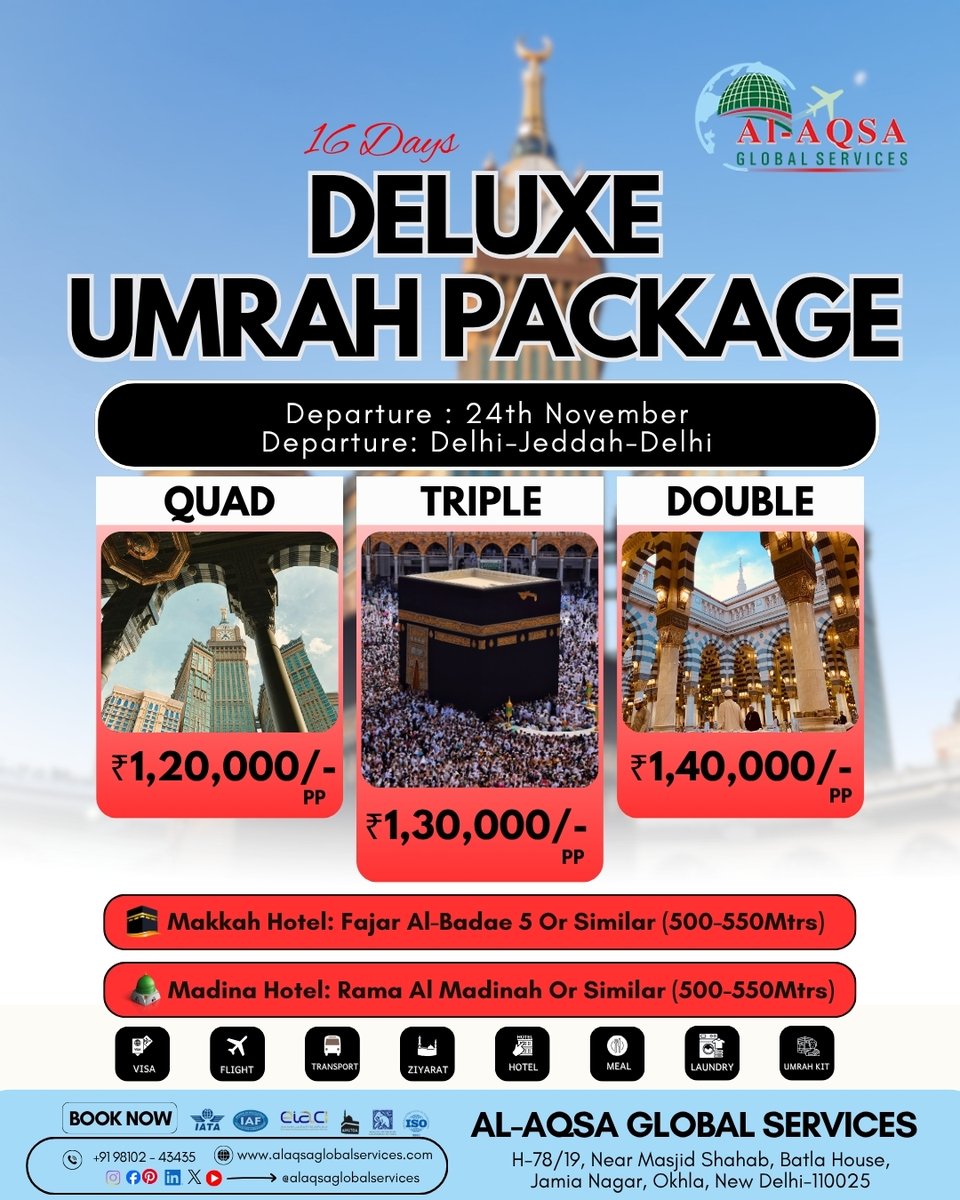 alaqsaglobal's tweet photo. Deluxe Umrah Package
with Al-Aqsa Global Services. 🕋✨

Alhamdulillah! Embark on a peaceful and spiritually enriching journey to the blessed cities of Makkah &amp; Madinah with Al-Aqsa Global Services. 🤍
.
.
.
.
.
.
.
.
.
#AlAqsaGlobalServices #umrahwithalaqsa #umrah2026 https://t.co/C0ASuW5vIq