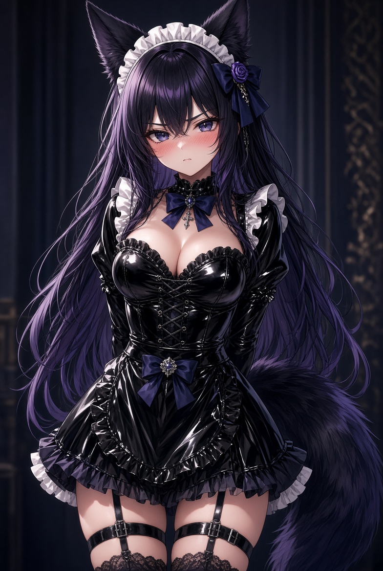 NyxVaryn's tweet photo. First I wake up to my clothes disappearing, now I've woken up to my wardrobe being empty aside from this outfit.

Latex doesn't even suit me that well! Well.. does it? I'm honestly not sure, it kind of works..

..hey hold on, stop looking at me like that, I'm not a maid! https://t.co/qquIwiJCyF