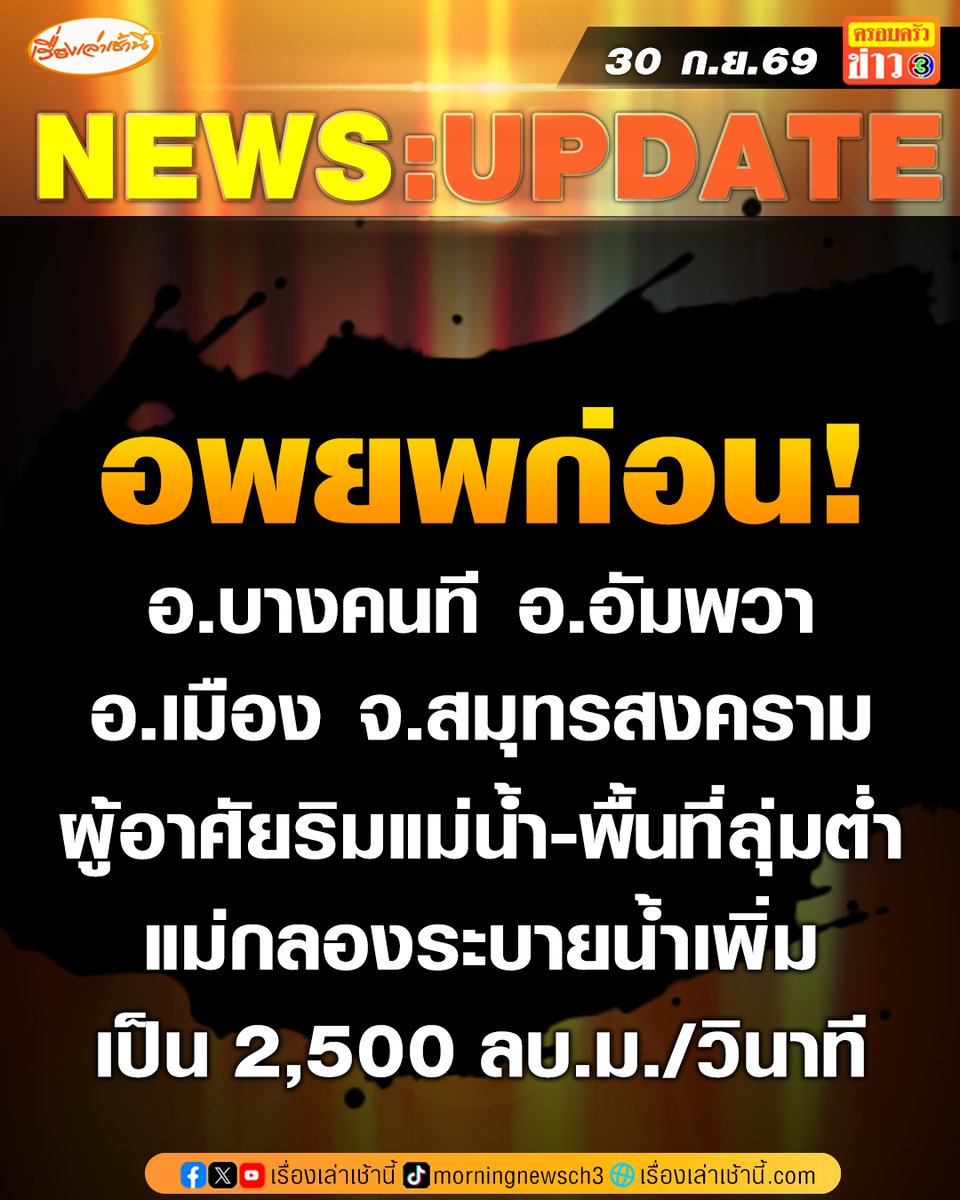 MorningNewsTV3's tweet photo. อพยพก่อน! กรมป้องกันและบรรเทาสาธารณภัย (ปภ.) ส่ง Cell Broadcast แจ้งเตือนประชาชน เนื่องจากเขื่อนแม่กลองระบายน้ำเพิ่มเป็น 2,500 ลบ.ม./วินาที ในวันที่ 30 ก.ย. 69 เวลา 12.00 น. และอาจจะเพิ่มขึ้นอีกเป็น 3,000 ลบ.ม./วินาที จังหวัดสมุทรสงคราม จึงขอให้ประชาชนที่อาศัยอยู่ริมแม่น้ำแม่กลอง ริมคลองสาขา และพื้นที่ลุ่มต่ำ ในพื้นที่ อ.บางคนที อ.อัมพวา และ อ.เมืองสมุทรสงคราม อพยพออกจากบ้านเรือน โดยเฉพาะกลุ่มเปราะบาง เด็ก ผู้ป่วย ผู้สูงอายุ เคลื่อนย้ายรถ ยกของขึ้นที่สูง ตัดกระแสไฟฟ้าที่อยู่ต่ำ หากต้องการความช่วยเหลือให้แจ้งนายอำเภอ กำนัน ผู้ใหญ่บ้าน อปท. และผู้นำชุมชน หรือ สายด่วน 1784

#เรื่องเล่าเช้านี้ #ครอบครัวข่าว3 #น้ำท่วม #สมุทรสงคราม