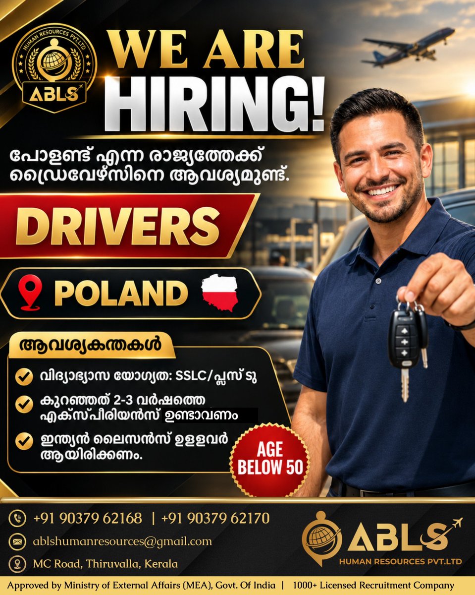ABLS_HR's tweet photo. POSITION: - DRIVERS.
LOCATION: POLAND
.
Call Us Today for a Job Abroad
Contact No: +91 813618195
.
Location: ABLS HUMAN RESOURCES PVT. LTD,
1st Floor, Kurishumoottil Buildings,
Mazhuvangad, Thiruvalla
.
FOR MORE VISIT: https://t.co/MLAjXlohSz
.
#abroadjobs #jobopportunity #hiring https://t.co/aBv3pM9e3N