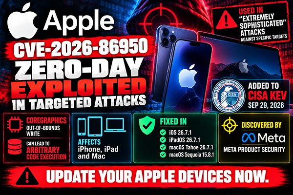 stem__shop's tweet photo. 🔴 Apple CVE-2026-86950 — zero-day exploited in targeted attacks
A CoreGraphics out-of-bounds write can lead to arbitrary code execution on iPhone, iPad and Mac. Apple confirmed exploitation 
https://t.co/J3OGHilw3e
#CVE #CVE202686950 #Apple #iPhone #macOS #ZeroDay #CyberSecurity https://t.co/mk5zs8PLmU