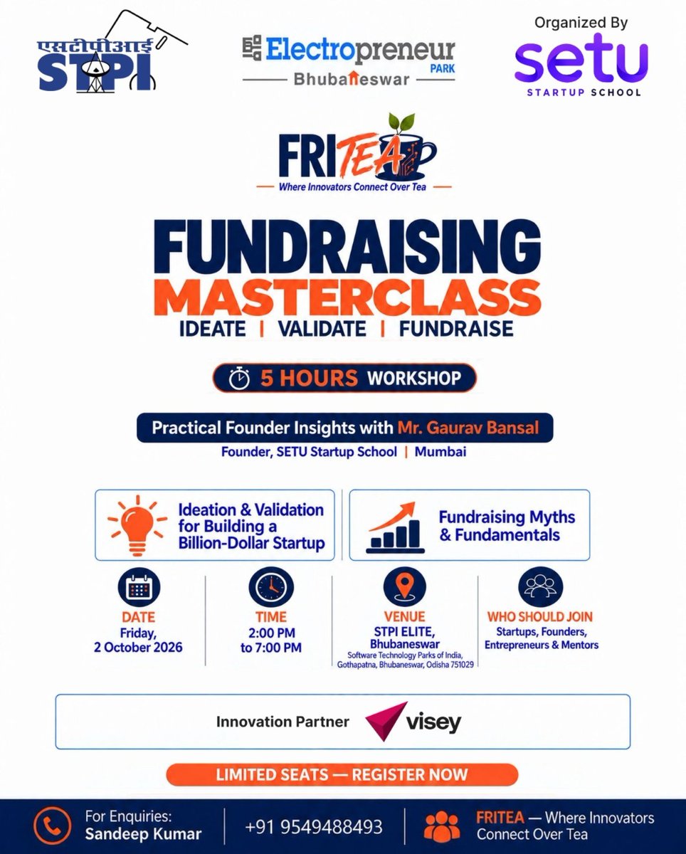 stpiepbbs's tweet photo. FRITEA | Fundraising Workshop &amp; Networking.
SETU Startup School,in collab. with @stpibbsr &amp; with Visey as the Innovation Partner,invites startups,founders,entrepreneurs &amp; mentors to a five-hour workshop &amp; networking session.
Limited seats
register here: https://t.co/RgsGFT4Yo9 https://t.co/QVXm7rqqGM