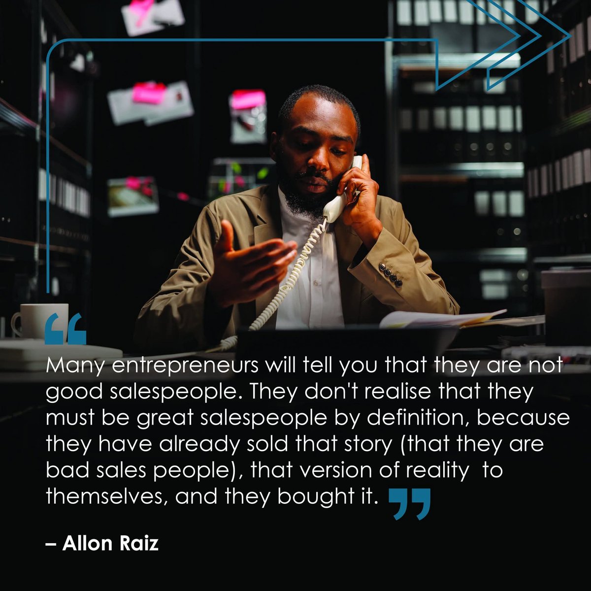 allonraiz's tweet photo. Many entrepreneurs will tell you that they are not good salespeople. They don't realise that they must be great salespeople by definition, because they have already sold that story (that they are bad salespeople), that version of reality, to themselves. And they bought it. https://t.co/zczwNknLc1